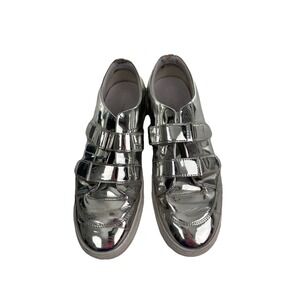 Zara Women's Size Ten  Metallic Silver Shiny Shoes Plimsoll White Rubber Sole